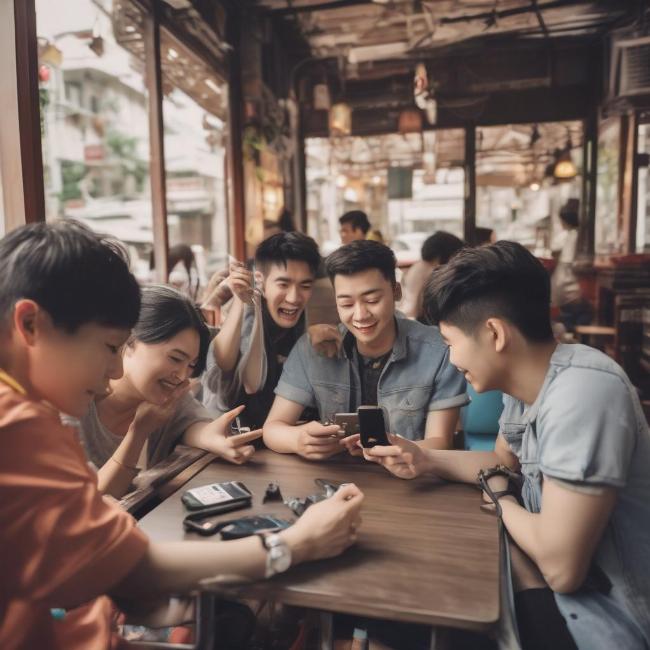 Một nhóm bạn trẻ đang cùng nhau chơi game mobile tại một quán cà phê ở Hà Nội, thể hiện sự kết nối cộng đồng